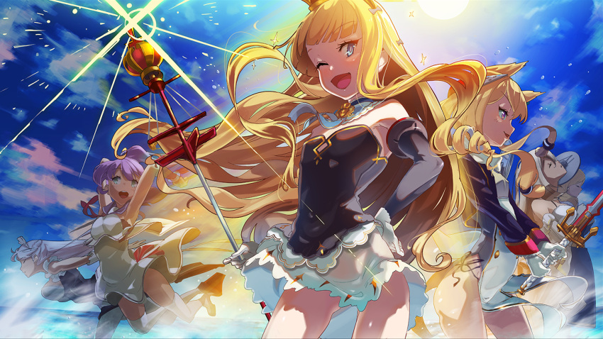 6+girls ;d aqua_eyes armpits arms_up azur_lane bare_shoulders belfast_(azur_lane) black_dress black_gloves blonde_hair blue_eyes blue_hair blush brown_eyes character_request closed_mouth commentary crown day detached_sleeves dress gloves hairband hand_on_hip holding holding_sword holding_weapon hood_(azur_lane) long_sleeves maid_headdress mini_crown multiple_girls one_eye_closed open_mouth outdoors parted_lips profile purple_hair queen_elizabeth_(azur_lane) scepter sidelocks smile sparkle standing strapless strapless_dress sun suppa_(hagakuresuppa) sword thigh-highs warspite_(azur_lane) water weapon white_dress white_legwear