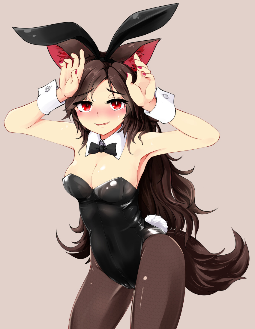 1girl absurdres alternate_costume animal_ears armpits bare_arms black_hairband black_legwear blush breasts brown_hair bunny_tail bunnysuit cleavage contrapposto cowboy_shot fake_animal_ears hairband hands_up highres imaizumi_kagerou long_hair looking_at_viewer medium_breasts nail_polish nama_shirasu pantyhose rabbit_ears red_eyes red_nails solo tail touhou wolf_ears wolf_tail wrist_cuffs