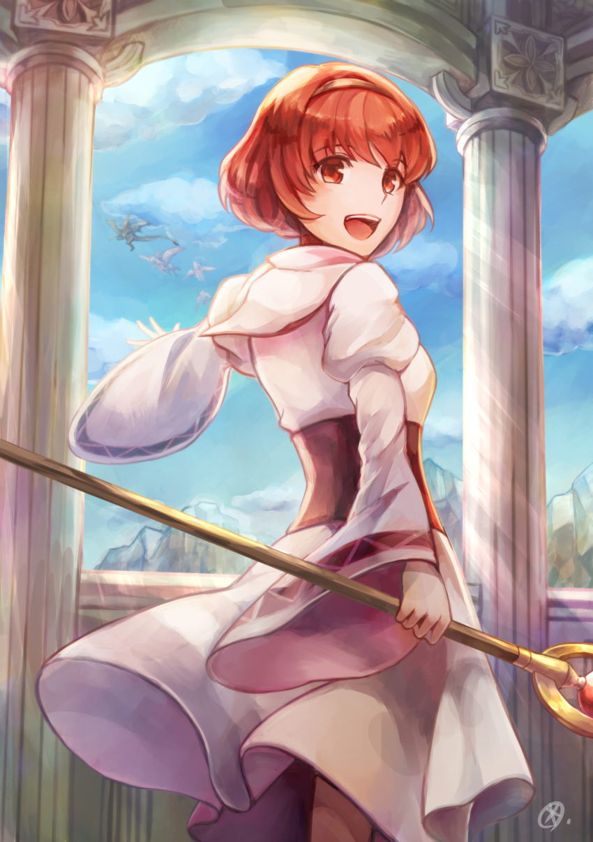 1girl clouds cloudy_sky cowboy_shot dragon fire_emblem fire_emblem:_mystery_of_the_emblem hairband highres long_sleeves looking_at_viewer maria_(fire_emblem) open_mouth outstretched_hand pegasus_knight pillar red_eyes redhead robe short_hair sky staff wide_sleeves wyvern yukimiyuki