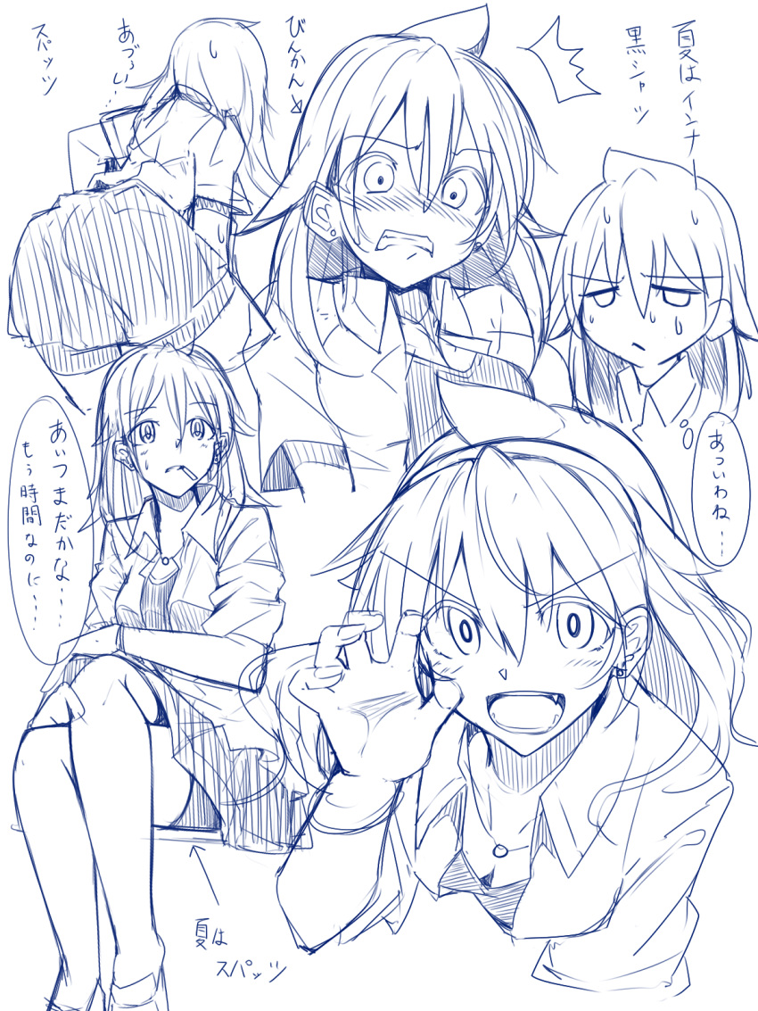 /\/\/\ 1girl :&lt; amano_tora bike_shorts breasts chibi claw_pose cleavage expressions fangs from_behind highres jewelry kazenoko legs_crossed looking_at_viewer necklace school_uniform sketch solo translation_request