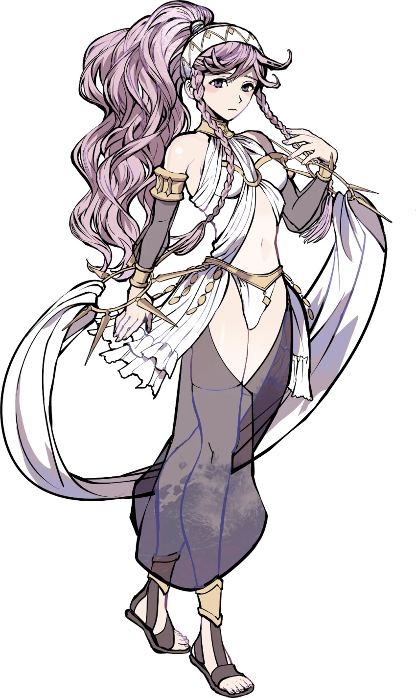 1girl bare_shoulders braid breasts fire_emblem fire_emblem:_kakusei fire_emblem_heroes full_body gloves hairband highres jewelry long_hair midriff navel official_art olivia_(fire_emblem) pink_hair ponytail smile solo twin_braids