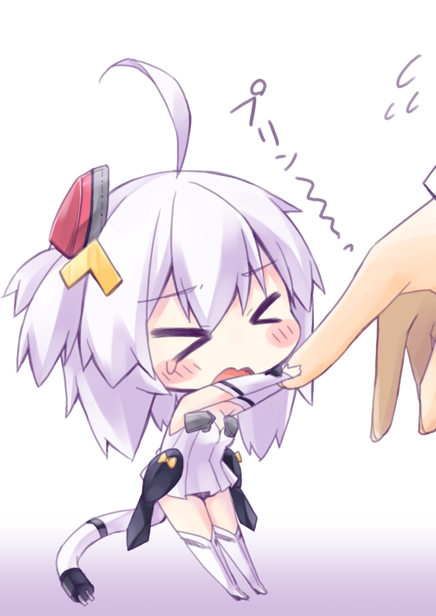 &gt;_&lt; 1girl ahoge azur_lane bangs black_panties blush_stickers boots breasts commentary_request detached_sleeves dress eyebrows_visible_through_hair fingernails flying_sweatdrops gradient gradient_background hair_between_eyes hair_ornament highres long_hair long_sleeves minigirl open_mouth panties purple_background silver_hair small_breasts solo_focus strapless strapless_dress tail tears thigh-highs thigh_boots translated underwear universal_bullin_(azur_lane) wavy_mouth white_background white_dress white_footwear white_legwear yukimi_ai_risu