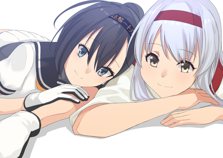2girls akizuki_(kantai_collection) black_hair blue_eyes blue_hair blue_sailor_collar blush closed_mouth commentary_request eyebrows_visible_through_hair gloves hair_between_eyes head_tilt headband highres kantai_collection long_hair lying masukuza_j multiple_girls neckerchief on_stomach pleated_skirt puffy_short_sleeves puffy_sleeves sailor_collar short_sleeves shoukaku_(kantai_collection) simple_background skirt smile white_background white_gloves white_skirt yellow_eyes yellow_neckwear