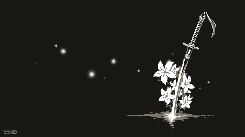 flower highres kaigetsudo katana lily_(flower) monochrome nier_(series) nier_automata no_humans planted_sword planted_weapon sword virtuous_contract wallpaper weapon