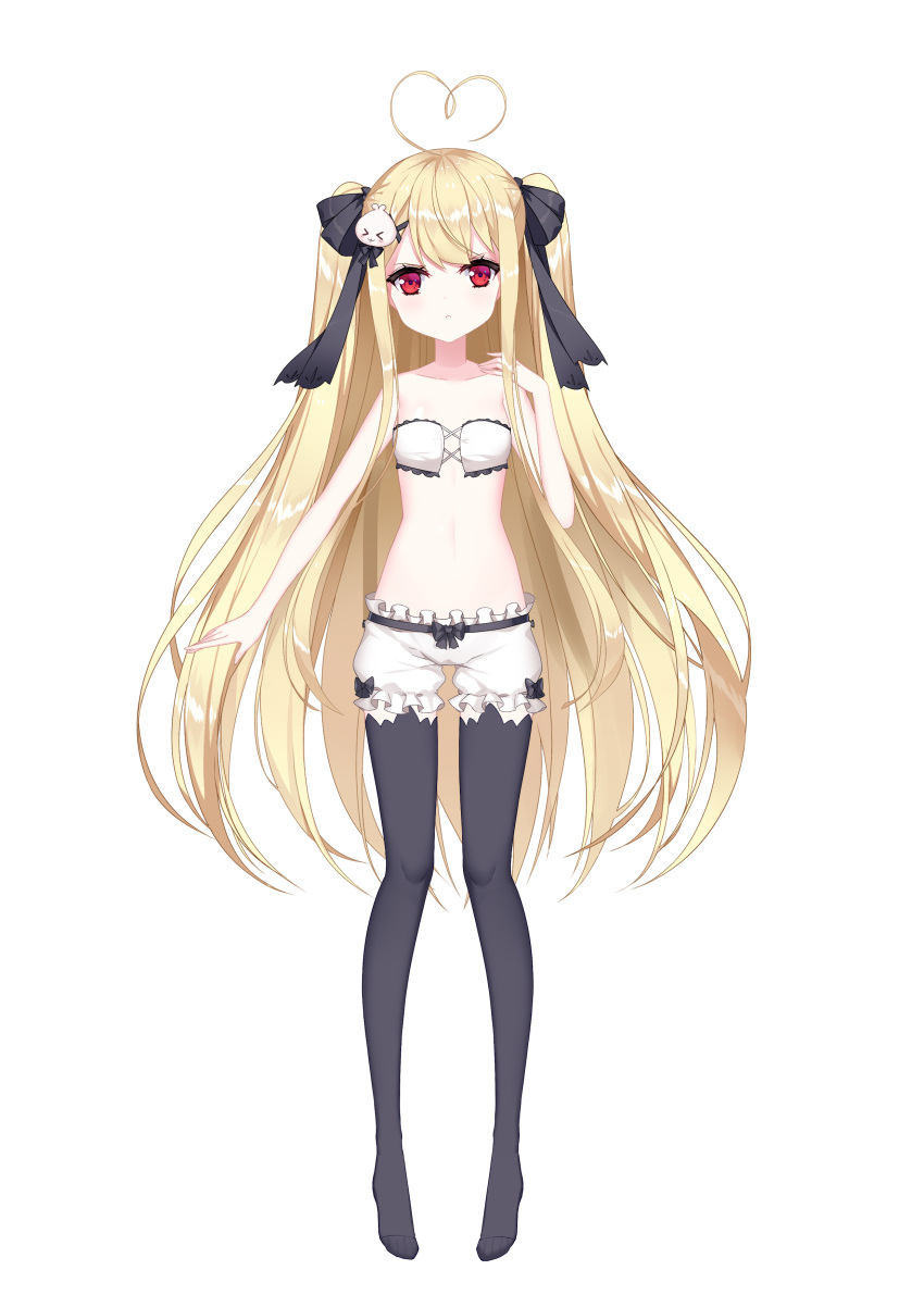 1girl absurdres ahoge bangs bare_arms bare_shoulders black_legwear black_ribbon blonde_hair bloomers cat_hair_ornament closed_mouth collarbone eyebrows_visible_through_hair fingernails full_body hair_ornament hair_ribbon hand_up heart_ahoge highres light_frown long_hair navel niliu_chahui no_shoes original red_eyes ribbon sidelocks simple_background solo standing thigh-highs tokisaki_asaba two_side_up underwear underwear_only very_long_hair white_background white_bloomers