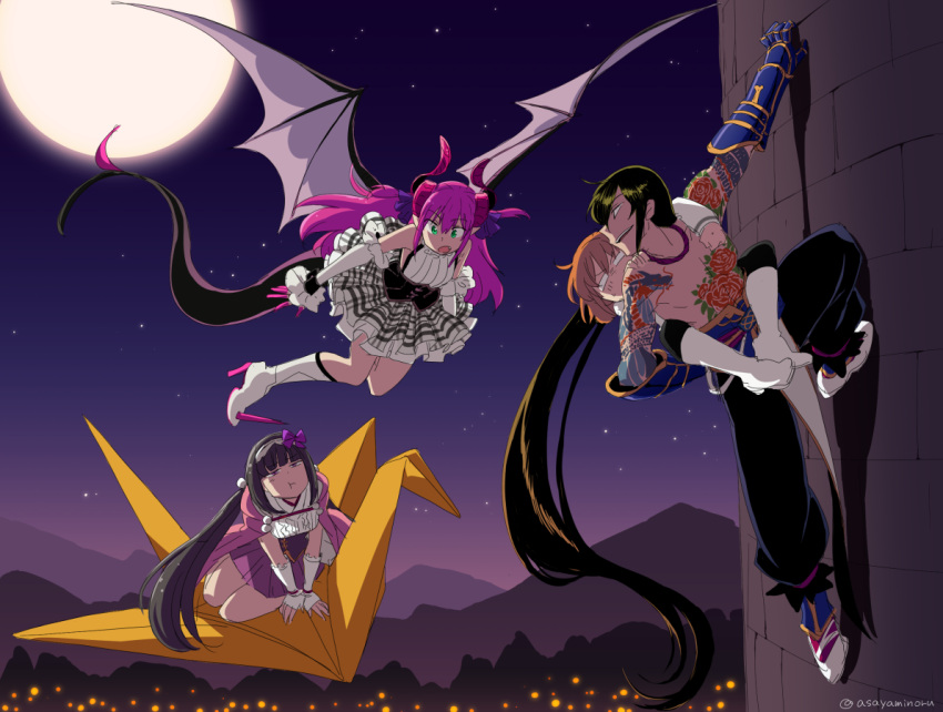 1boy 3girls :t absurdly_long_hair arm_support asaya_minoru asymmetrical_horns bangs black_hair black_legwear black_pants blunt_bangs boots bow brown_hair chest_tattoo climbing climbing_wall cloak closed_mouth curled_horns detached_sleeves dragon_girl dragon_horns dragon_tail dragon_wings elbow_gloves elizabeth_bathory_(fate) elizabeth_bathory_(fate)_(all) eyebrows_visible_through_hair fang fate/extra fate/extra_ccc fate/grand_order fate_(series) fingerless_gloves flying fujimaru_ritsuka_(female) full_moon gauntlets gloves green_eyes grey_skirt grey_wings hair_between_eyes hair_bobbles hair_bow hair_ornament hair_ribbon hood hood_down hooded_cloak horns japanese_clothes kimono knee_boots long_hair long_sleeves low_ponytail moon mountain multiple_girls night night_sky open_mouth origami osakabe-hime_(fate/grand_order) outdoors pants pantyhose parted_lips pink_cloak plaid plaid_skirt pointy_ears ponytail purple_bow purple_hair purple_ribbon purple_skirt ribbon shirt shirtless shoes short_kimono sidelocks skirt sky sleeveless sleeveless_shirt smile spiked_boots spikes star_(sky) starry_sky tail tattoo twitter_username very_long_hair violet_eyes white_footwear white_gloves white_kimono white_shirt wings yan_qing_(fate/grand_order)