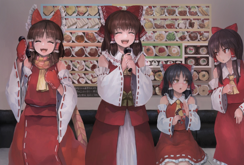 benikurage black_hair blush bow brown_eyes brown_hair closed_eyes closed_mouth cookie_(touhou) couch detached_sleeves facing_away hair_bow hair_tubes hakurei_reimu holding holding_microphone ichiba_youichi instrument kanna_(cookie) long_hair looking_at_another medium_hair microphone open_mouth parted_lips red_bow reu sananana short_hair sitting smile syamu_game tambourine touhou