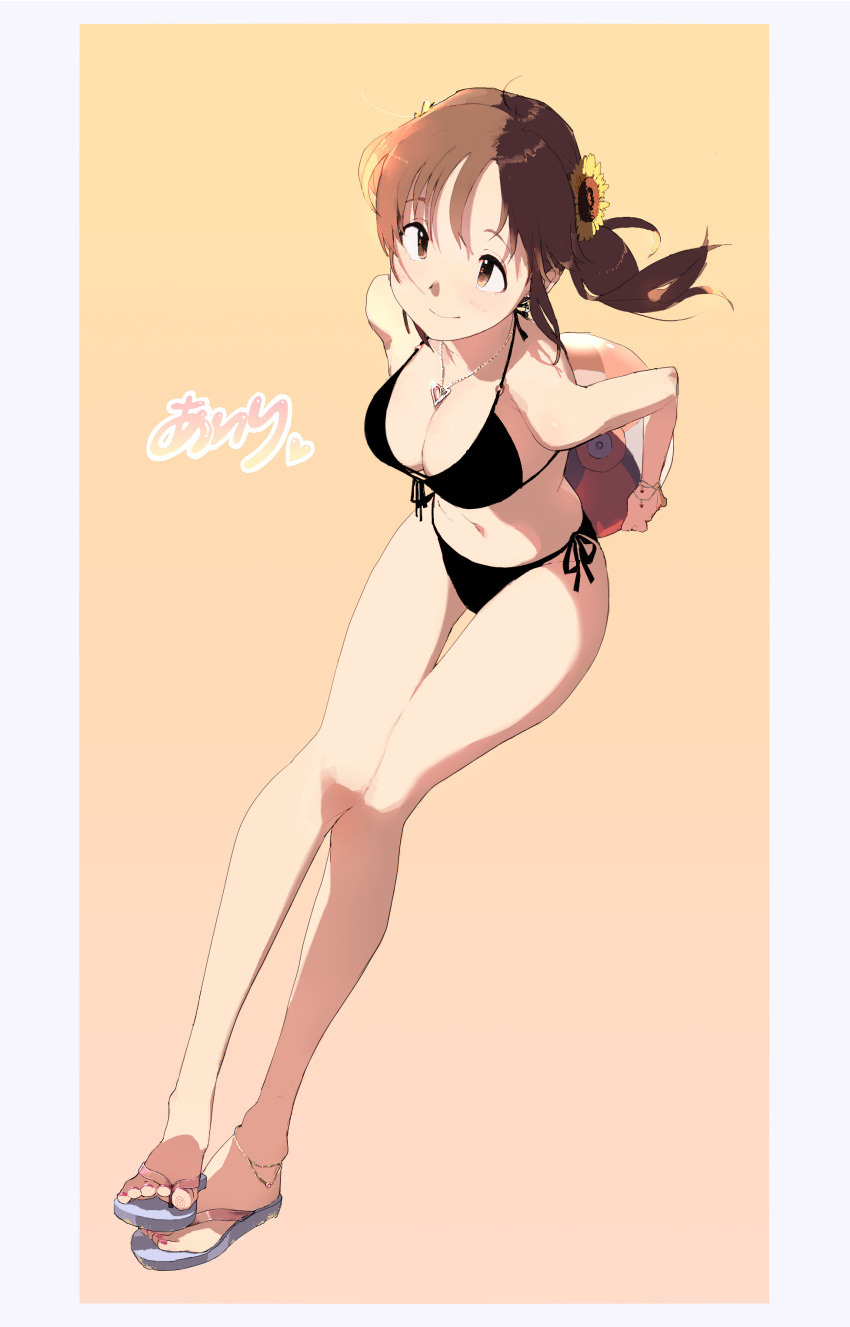 1girl absurdres anklet ball beachball bikini black_swimsuit bracelet breasts brown_eyes brown_hair character_request flower hageshii_nakano hair_flower hair_ornament highres jewelry medium_breasts necklace ponytail sandals swimsuit