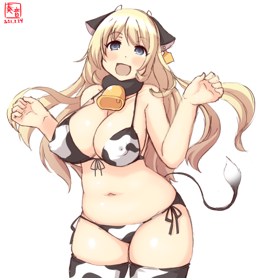 1girl animal_costume animal_ears animal_print atago_(kancolle) bell bikini blonde_hair blue_eyes breasts collar covered_nipples cow_costume cow_ears cow_girl cow_horns cow_print cowboy_shot eyebrows_visible_through_hair fake_horns fake_tail highres horns kanon_(kurogane_knights) kantai_collection large_breasts long_hair open_mouth print_bikini solo swimsuit tail thigh-highs white_bikini