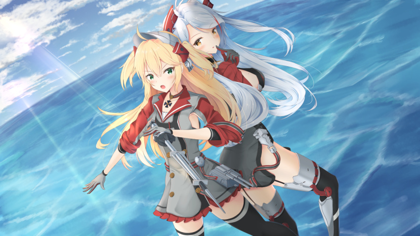 1girl 2girls :o :q admiral_hipper_(azur_lane) ahoge armband armpit_cutout azur_lane bangs belt black_legwear blonde_hair blue_sky blush breasts buckle cannons choker clouds collarbone double-breasted eyebrows_visible_through_hair finger_to_mouth floating_hair gloves green_eyes hair_between_eyes hat headgear holding holding_weapon iron_cross jacket large_breasts light_rays long_hair looking_at_viewer looking_back military military_uniform mole mole_on_breast multicolored multicolored_clothes multicolored_hair multicolored_jacket multiple_girls ocean open_mouth outdoors outstretched_arm prinz_eugen_(azur_lane) redhead scepter shi6kurutto side_cutout sidelocks silver_hair sky sleeves_folded_up smile standing standing_on_liquid strap streaked_hair thigh-highs thighs tongue tongue_out tsurime turrets two_side_up uniform very_long_hair water weapon