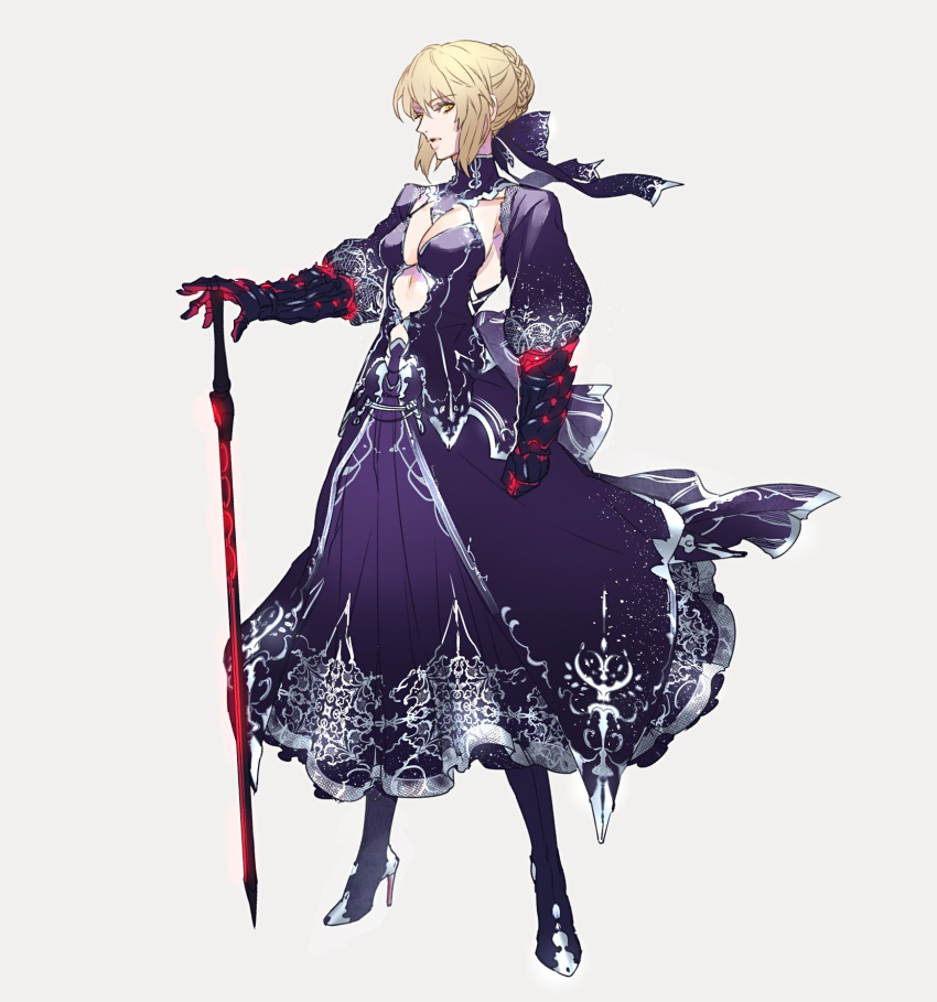 1girl artoria_pendragon_(all) blonde_hair blue_dress blue_ribbon boots braid breasts clenched_hand commentary_request dark_excalibur dress fate/stay_night fate_(series) full_body gauntlets grey_background hair_bun hair_ribbon hand_on_hilt high_heel_boots high_heels highres legs_apart looking_at_viewer medium_breasts parted_lips puffy_sleeves ribbon saber_alter simple_background solo standing yellow_eyes yosi135