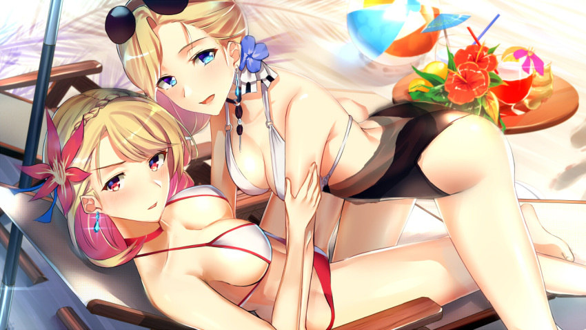 2girls alternate_costume armpits azur_lane ball bangs barefoot beach beachball bikini blonde_hair blue_eyes blush braid breasts chair choker cleavage collarbone crown_braid cup drink drinking_glass drinking_straw earrings eyewear_on_head flower french_braid hair_ornament hand_on_another's_arm hibiscus hood_(azur_lane) jewelry large_breasts long_hair looking_at_viewer multicolored multicolored_bikini multicolored_clothes multiple_girls o-ring open_mouth prince_of_wales_(azur_lane) red_eyes shiny shiny_skin short_hair smile sunglasses swept_bangs swimsuit table tareme thighs umbrella yuuki