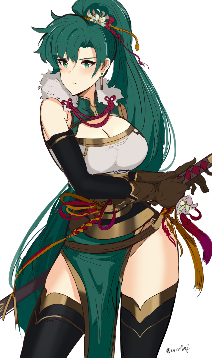 1girl absurdres alternate_costume breasts dotentity dress fire_emblem fire_emblem:_rekka_no_ken fire_emblem_cipher green_eyes green_hair high_ponytail highres jewelry large_breasts long_hair looking_at_viewer lyndis_(fire_emblem) ponytail simple_background solo very_long_hair white_background