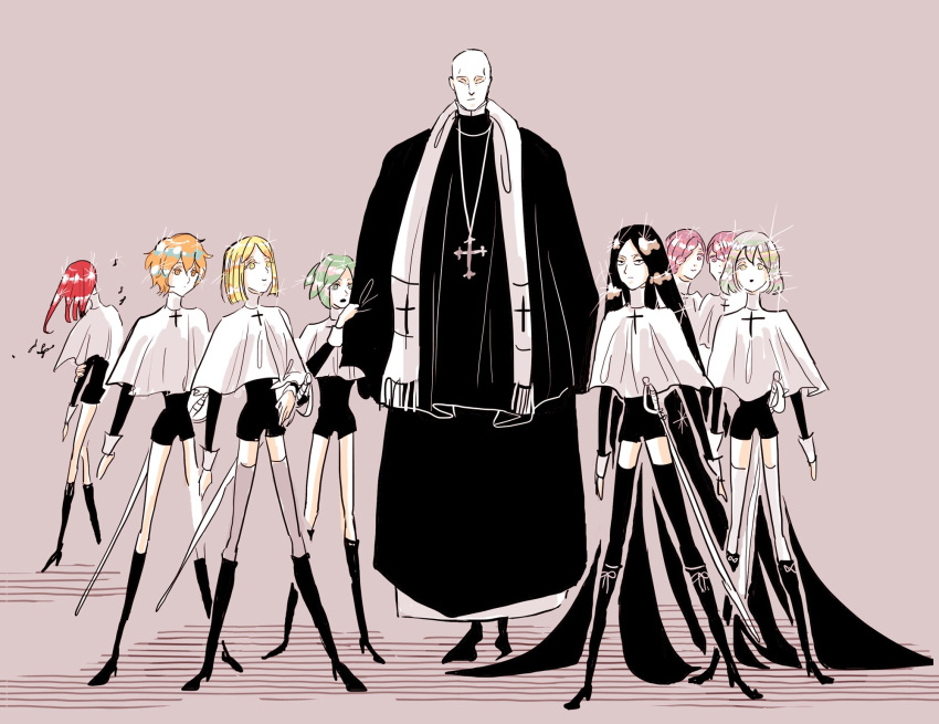 alternate_costume amethyst_(houseki_no_kuni) androgynous bald black_footwear black_hair boots bort cross cross_necklace crystal_hair diamond_(houseki_no_kuni) hair_over_one_eye highres houseki_no_kuni jewelry knee_boots kongou_sensei long_hair necklace phosphophyllite priest purple_hair shinsha_(houseki_no_kuni) thigh-highs what_if white_legwear yellow_diamond_(houseki_no_kuni) zircon_(houseki_no_kuni)