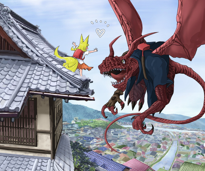 1girl :d animal animal_ears backpack bag blonde_hair blue_sky bridge cityscape claws closed_eyes clothed_animal commentary_request day doitsuken dragon flying fox_ears fox_tail from_behind heart highres legs_apart multiple_tails on_roof open_mouth orange_skirt original outdoors outstretched_arms pagoda randoseru river rooftop shirt short_hair skirt sky smile spread_arms standing tail two_tails white_shirt