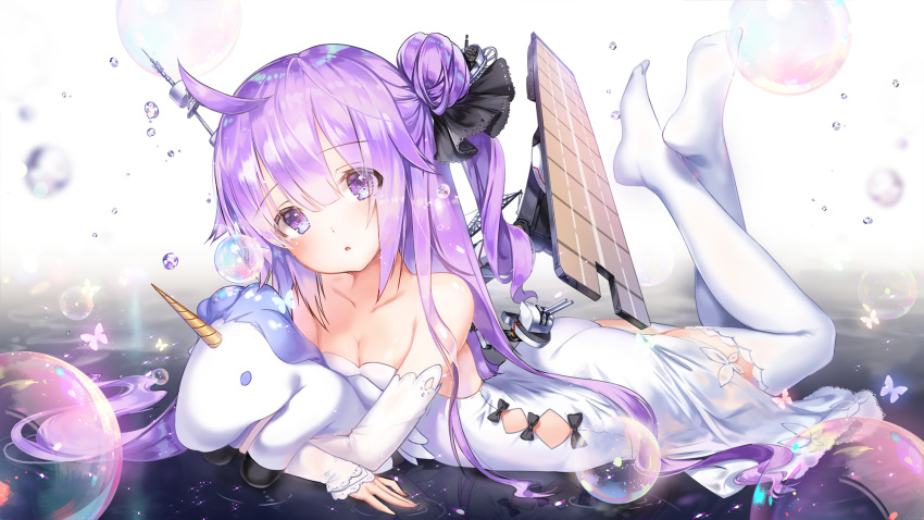 1girl ahoge ass azur_lane bangs bare_shoulders black_bow black_ribbon blue_n bow breasts bubble butterfly cannon cleavage collarbone commentary_request detached_sleeves dress eyebrows_visible_through_hair flight_deck full_body hair_between_eyes hair_bun hair_ornament hair_ribbon head_tilt highres legs_up long_sleeves looking_at_viewer lying no_shoes object_hug on_stomach one_side_up parted_lips purple_hair reflection ribbon side_bun sleeves_past_wrists small_breasts solo strapless strapless_dress stuffed_animal stuffed_pegasus stuffed_toy stuffed_unicorn thigh-highs turret unicorn_(azur_lane) violet_eyes water white_dress white_legwear