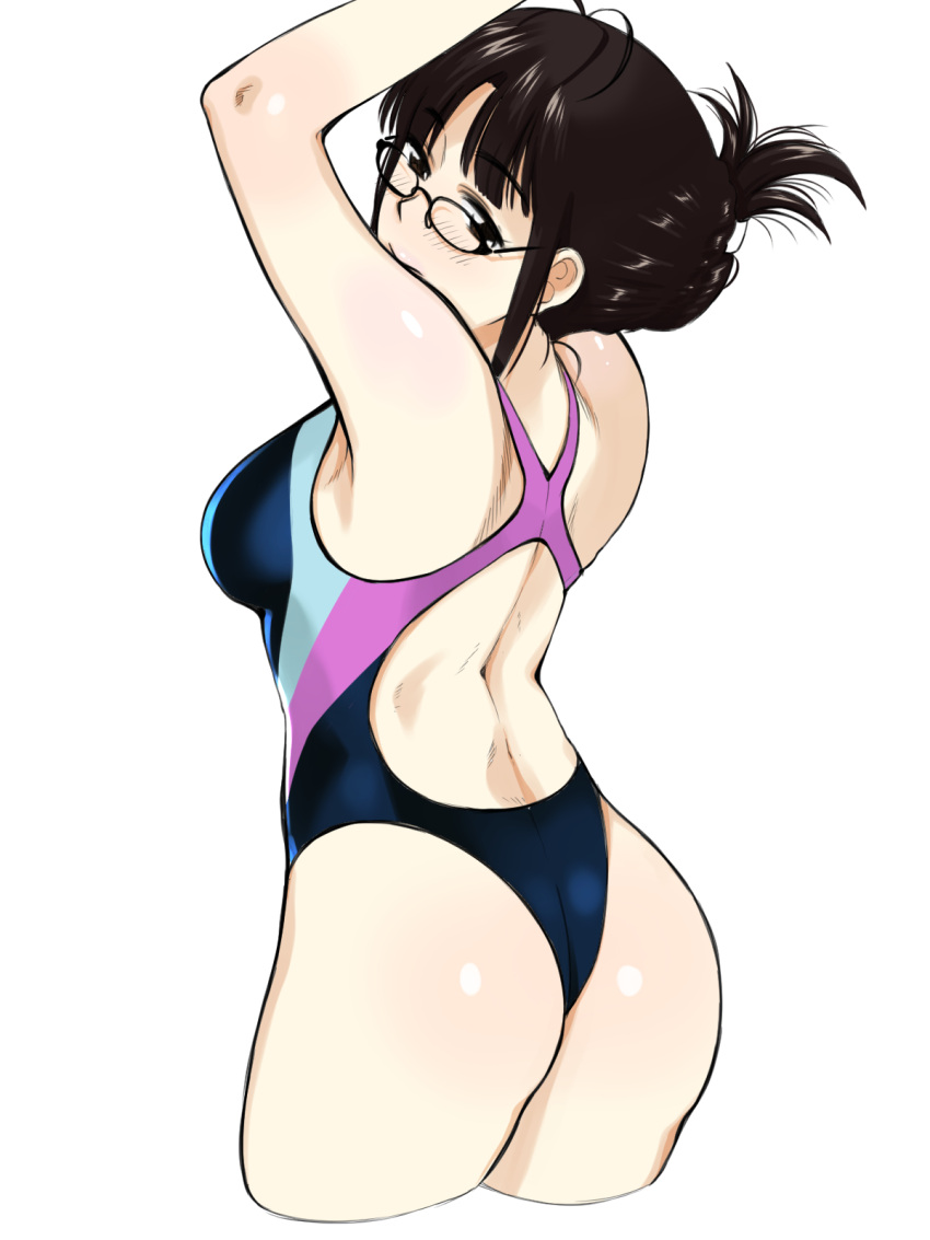 1girl akizuki_ritsuko antenna_hair armpits arms_up ass back back_cutout bangs bare_arms bare_shoulders black-framed_eyewear blunt_bangs blush breasts brown_eyes brown_hair closed_mouth competition_swimsuit cowboy_shot cropped_legs eyebrows_visible_through_hair folded_ponytail glasses highres humiyou idolmaster medium_breasts multicolored multicolored_clothes multicolored_swimsuit one-piece_swimsuit shiny shiny_hair short_hair sidelocks simple_background smile solo standing swimsuit white_background