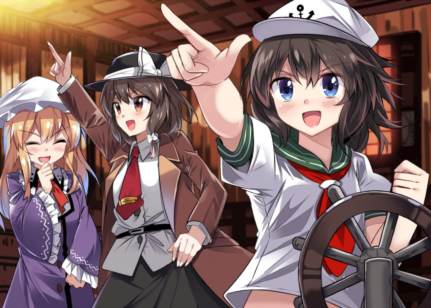 3girls anchor_symbol black_hat black_skirt blonde_hair blue_eyes blush bow brown_coat brown_eyes brown_hair closed_eyes coat commentary_request dress e.o. eyebrows_visible_through_hair fedora frills hair_between_eyes hat hat_bow indoors long_hair long_sleeves maribel_hearn midriff mob_cap multiple_girls murasa_minamitsu necktie open_mouth peaked_cap pointing puffy_short_sleeves puffy_sleeves purple_dress red_neckwear sailor_collar sailor_hat ship's_wheel shirt short_hair short_sleeves skirt smile tie_clip touhou usami_renko v-shaped_eyebrows white_bow white_hat white_shirt wide_sleeves