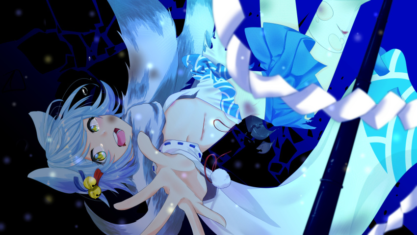 1girl animal_ears azur_lane bell blue_hair blue_skirt detached_sleeves foreshortening fox_ears fox_tail fubuki_(azur_lane) fuyumi_iyo hair_bell hair_ornament jingle_bell looking_at_viewer navel open_mouth pleated_skirt scarf short_hair single_thighhigh sinking skirt solo tail thigh-highs torn_clothes white_legwear white_scarf yellow_eyes