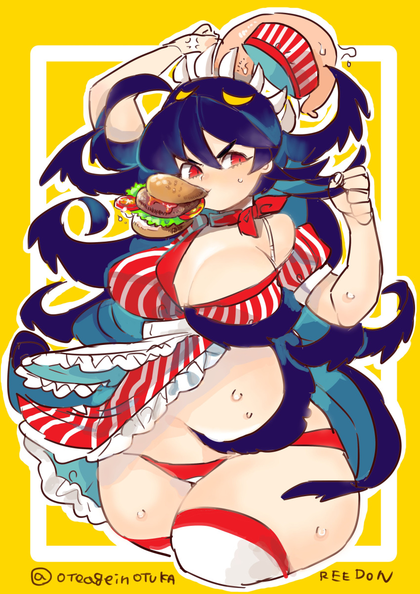 1girl absurdres apron black_hair bra_strap breasts cleavage dress filia_(skullgirls) food food_in_mouth frills hamburger hat highres large_breasts off_shoulder pinstripe_pattern puffy_short_sleeves puffy_sleeves red_eyes samson_(skullgirls) short_sleeves skullgirls striped thick_thighs thigh-highs thighs tongue tongue_out twitter_username