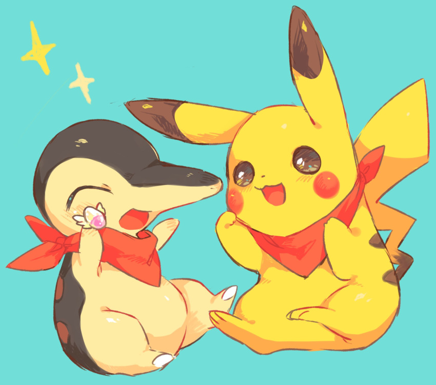 :3 :d ^_^ bandanna black_eyes blue_background blush closed_eyes clothed_pokemon commentary_request cyndaquil hideko_(l33l3b) highres holding no_humans open_mouth pikachu pokemon simple_background sitting smile star