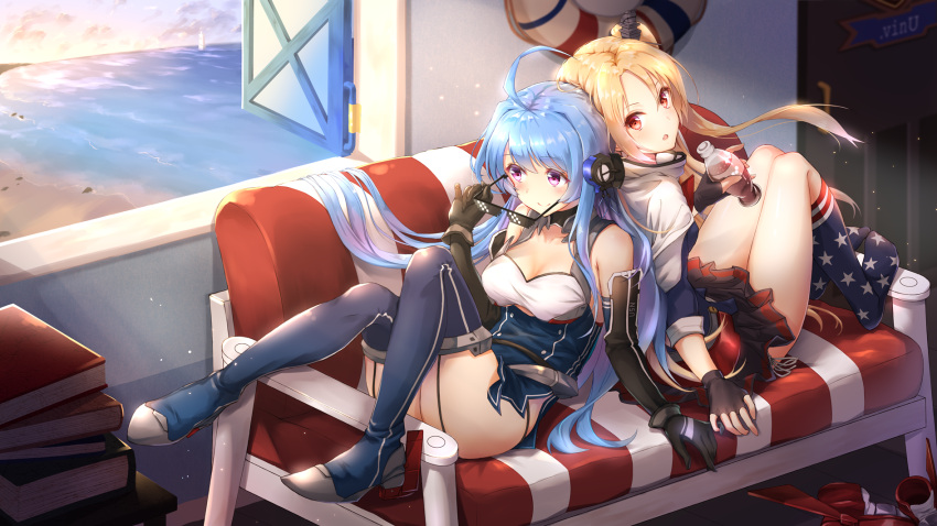 2girls :o adjusting_eyewear ahoge arm_support asymmetrical_bangs azur_lane back-to-back bangs bare_shoulders beach black_gloves black_panties black_skirt blonde_hair blue_footwear blurry book_stack boots bottle breasts capelet cleavage cleveland_(azur_lane) closed_mouth clothes_writing cola collarbone couch deal_with_it depth_of_field door elbow_gloves eyebrows_visible_through_hair fingerless_gloves full_body garter_straps gloves headgear helena_(azur_lane) highres holding holding_bottle holding_eyewear indoors kneehighs leaning_back legs_together lifebuoy long_hair looking_at_viewer looking_back looking_to_the_side medium_breasts miniskirt multiple_girls no_shoes ocean on_couch open_mouth open_window panties pink_eyes pleated_skirt red_eyes shiny shiny_hair shoes_removed shore side_glance side_ponytail side_slit skirt sleeves_past_elbows smile star star_print sunglasses sunlight thigh-highs thigh_boots thighs toki_(toki_ship8) twilight underwear very_long_hair water window