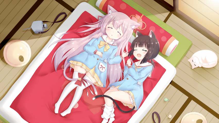 2girls :d animal_ears azur_lane bell blush brown_hair candy cat cat_ears cat_tail closed_eyes day dress eyebrows_visible_through_hair fang food from_above futon highres indoors jingle_bell kisaragi_(azur_lane) lavender_hair lollipop long_hair long_sleeves loose_socks low_twintails lying mentai_mayo multiple_girls mutsuki_(azur_lane) on_side on_stomach open_mouth own_hands_together parted_lips pleated_skirt sailor_dress short_twintails skirt sleeping smile socks sunlight tail tail_bell thigh-highs twintails very_long_hair white_cat white_legwear wooden_floor