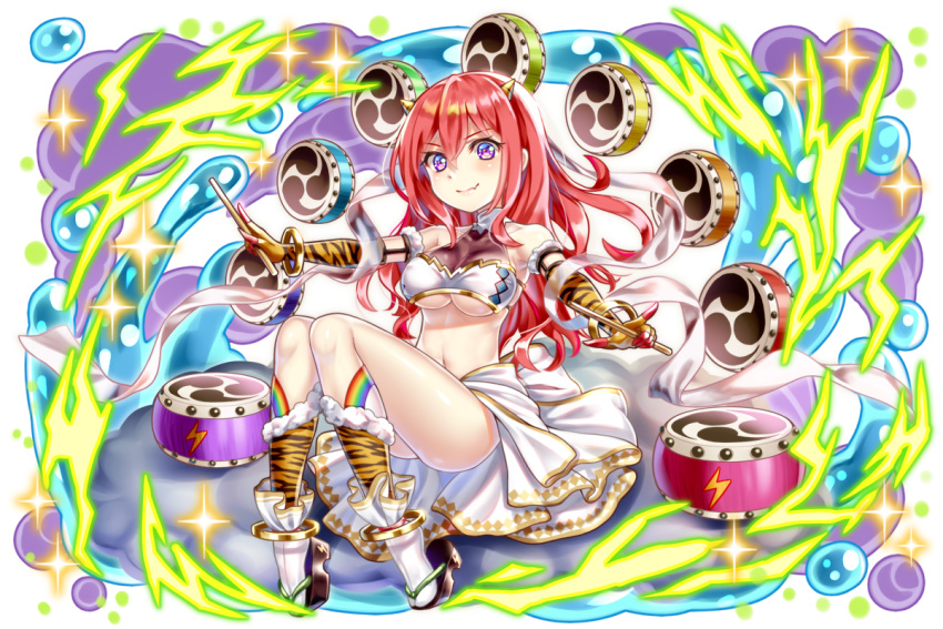 1girl animal_print bare_shoulders breasts drumsticks electricity fantasy hakuda_tofu instrument invisible_chair midriff monster_girl navel oni oni_horns original rainbow_legwear redhead sandals sitting smile solo tabi taiko_drum tiger_print under_boob violet_eyes white_legwear