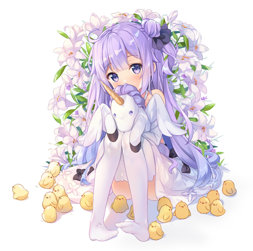 1girl ahoge animal azur_lane bangs bare_shoulders bird black_bow black_ribbon blush bow chick commentary covered_mouth detached_sleeves dress eyebrows_visible_through_hair flower full_body hair_bun halterneck head_tilt highres hitsukuya lily_(flower) long_sleeves looking_at_viewer no_shoes object_hug one_side_up purple_hair ribbon side_bun sitting solo stuffed_animal stuffed_pegasus stuffed_toy stuffed_unicorn thigh-highs unicorn_(azur_lane) violet_eyes white_background white_dress white_flower white_legwear