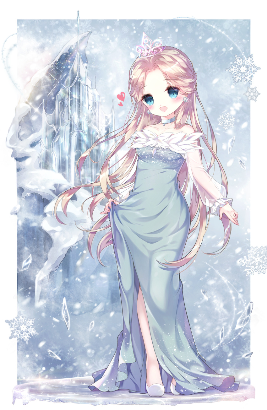 1girl :d absurdres bangs blonde_hair blue_dress blue_eyes blush breasts commentary commission danby_merong dress earrings eyebrows_visible_through_hair fur-trimmed_dress head_tilt heart highres ice jewelry long_hair looking_at_viewer medium_breasts open_mouth original outdoors see-through shoes smile snow snowflake_earrings snowflakes snowing solo very_long_hair white_footwear winter