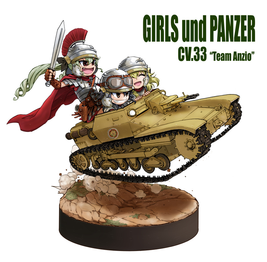 3girls :d ^_^ absurdres anchovy armor blonde_hair breastplate brown_eyes brown_gloves cape carro_veloce_cv-33 character_request closed_eyes commentary_request copyright_name drill_hair fang faux_figurine fingerless_gloves girls_und_panzer gladius gloves goggles goggles_on_head green_hair grin ground_vehicle gun hair_between_eyes handgun helmet highres holding holding_sword holding_weapon hone_(honehone083) legionnaire long_hair military military_vehicle motor_vehicle multiple_girls open_mouth pistol plate_armor pouch red_cape roman_clothes short_hair smile spaulders sword tank twin_drills weapon