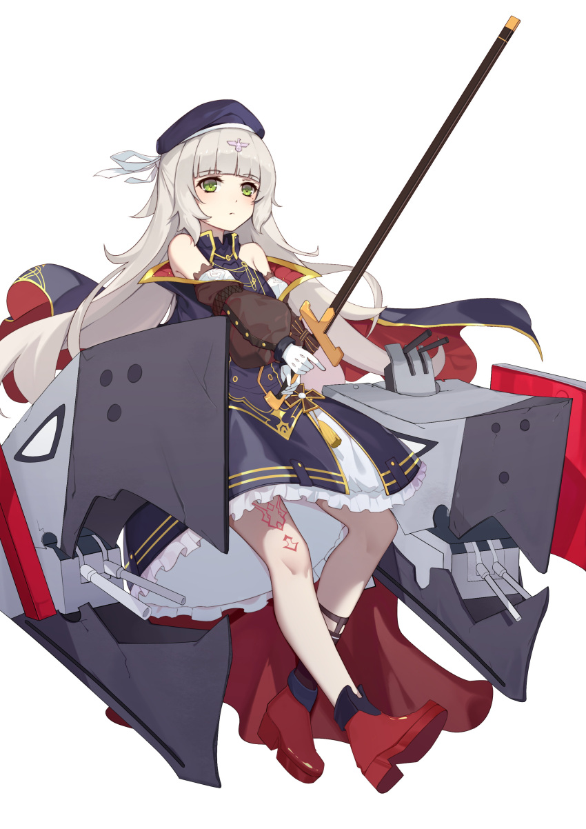 1girl :&lt; absurdres ankle_boots azur_lane bangs bare_shoulders beret black_dress black_hat blunt_bangs blush boots cannon closed_mouth dress expressionless frilled_dress frills full_body gloves green_eyes hat highres holding holding_sword holding_weapon hymxiaocyan iron_cross leg_tattoo long_hair long_sleeves machinery mole mole_under_eye off_shoulder puffy_long_sleeves puffy_sleeves red_footwear silver_hair simple_background solo standing sword tassel tattoo turret two-handed very_long_hair weapon white_background white_gloves z46_(azur_lane)