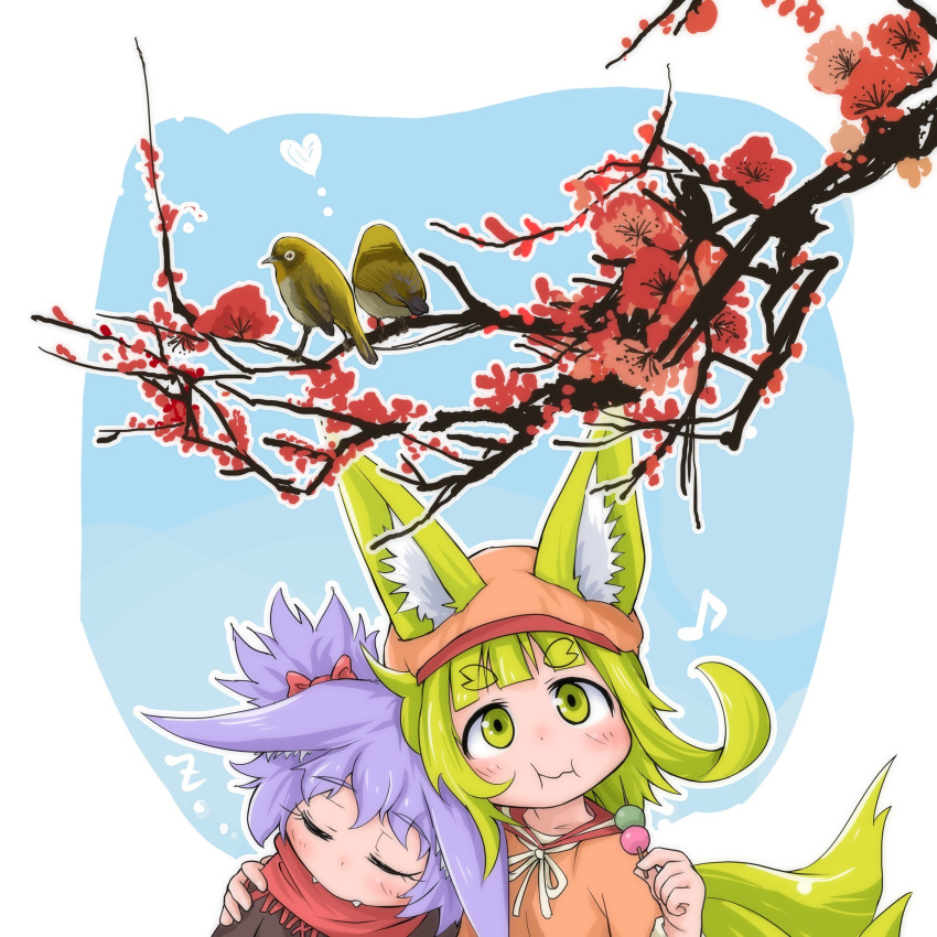 2girls animal_ears bangs bird_request blunt_bangs blush branch closed_eyes closed_mouth commentary_request dango dog_child_(doitsuken) doitsuken ears_through_headwear eating fangs food fox_child_(doitsuken) fox_ears fox_tail highres hug looking_up multiple_girls multiple_tails musical_note neck_ribbon orange_shirt original red_scarf ribbon scarf shirt short_eyebrows short_hair sleeping tail thick_eyebrows two_tails wagashi white_neckwear white_ribbon