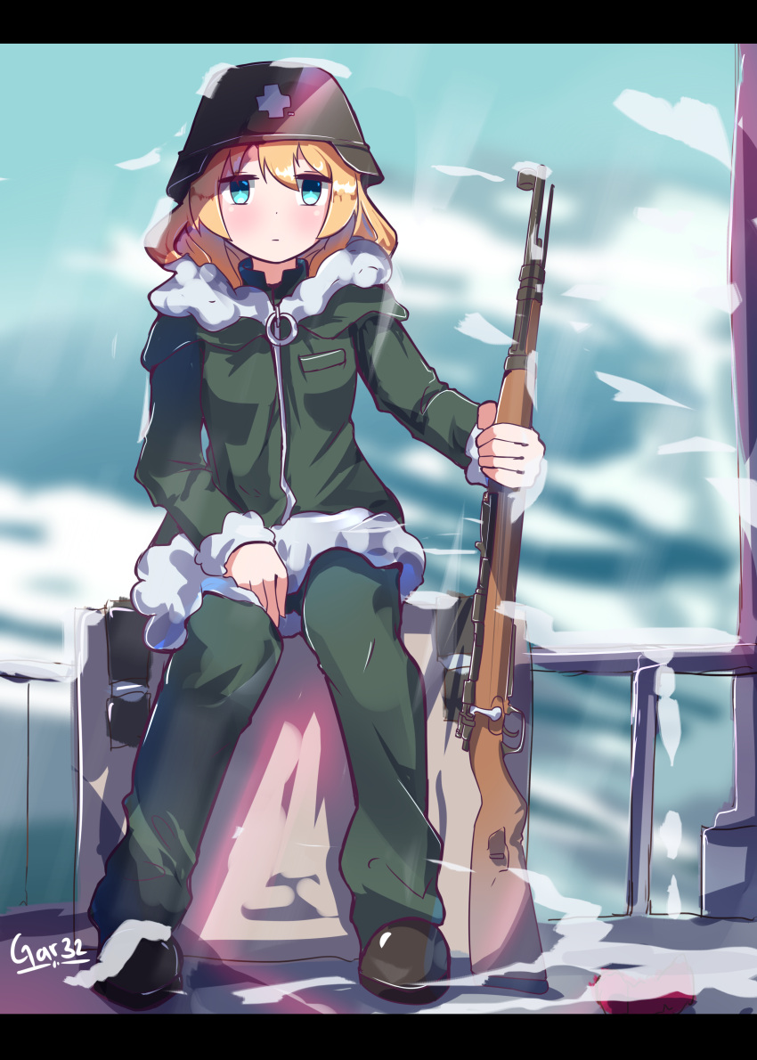 1girl absurdres artist_name bangs blonde_hair blue_sky blurry bolt_action boots box clouds coat cross day depth_of_field expressionless fur-trimmed_coat fur_trim gun hair_between_eyes hand_on_lap handrail helmet highres holding holding_weapon jitome letterboxed looking_at_viewer military military_uniform outdoors rifle short_hair shoujo_shuumatsu_ryokou sitting sitting_on_box sky smoke snow solo stahlhelm swept_bangs tegar32 uniform weapon yuuri_(shoujo_shuumatsu_ryokou)