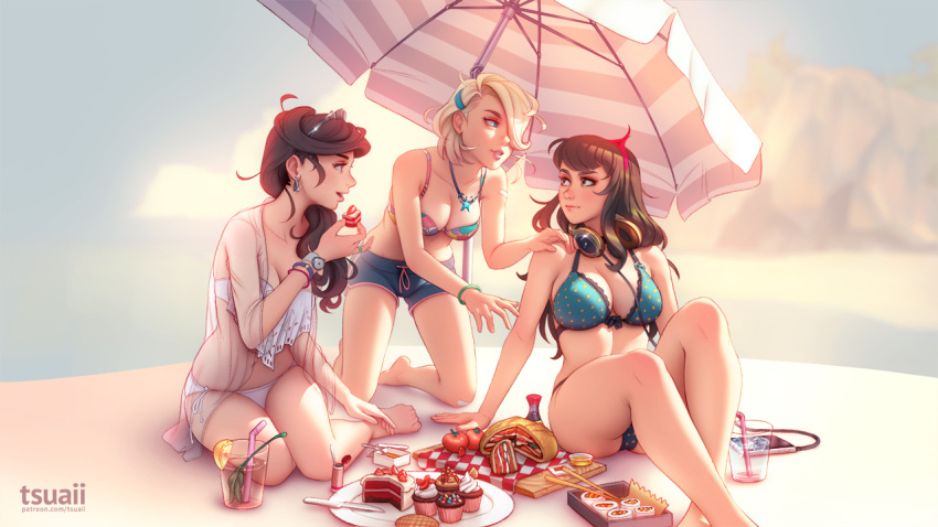 3girls arm_support artist_name bandaid bandaid_on_knee bangs bare_arms bare_legs bare_shoulders barefoot beach_umbrella bikini bikini_top black_bow blonde_hair blue_bikini blue_eyes blue_shorts blurry blurry_background blush bottle bow box breasts brown_eyes brown_hair cable cellphone checkered chopsticks cleavage closed_mouth collarbone cup cupcake cutting_board day drink drinking_glass drinking_straw earrings feet_out_of_frame food frilled_bikini frills front-tie_bikini front-tie_top fruit full_body glint hair_ornament hair_over_one_eye hairband hairclip hand_on_another's_shoulder headphones headphones_around_neck holding holding_food icing jewelry jonathan_hamilton kneeling knees_up knife large_breasts leaning_forward lemon lemon_slice lips looking_to_the_side maid_headdress medium_breasts multicolored multicolored_bikini_top multicolored_clothes multiple_girls necklace original outdoors parted_lips pendant phone plate polka_dot polka_dot_bikini profile ring see-through short_hair shorts side-tie_bikini sitting smartphone strawberry striped sushi swimsuit tomato umbrella watch watch watermark web_address white_bikini yokozuwari