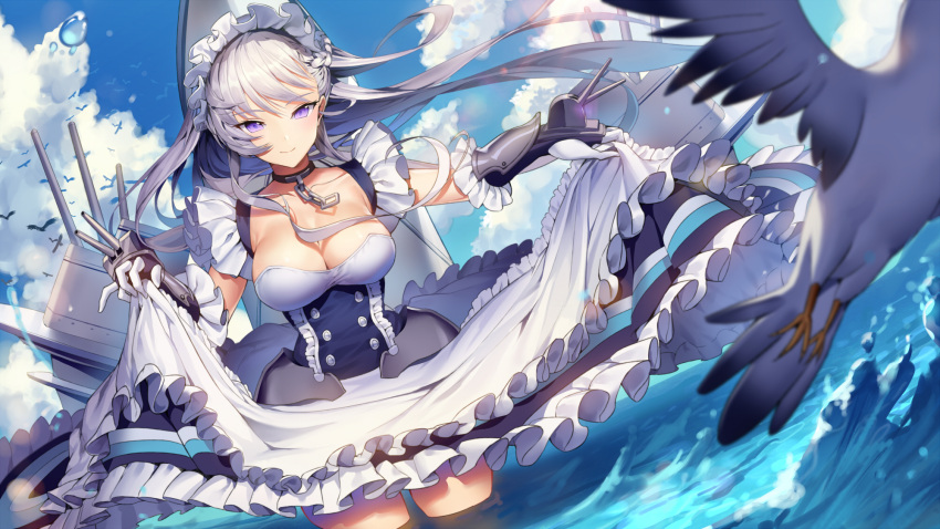 1girl apron azur_lane belfast_(azur_lane) bird breasts carchet chains cleavage collar dress frilled_dress frills gloves highres large_breasts long_hair looking_at_viewer machinery maid maid_apron maid_headdress seagull silver_hair skirt skirt_lift smile solo standing_in_water turret violet_eyes water_drop