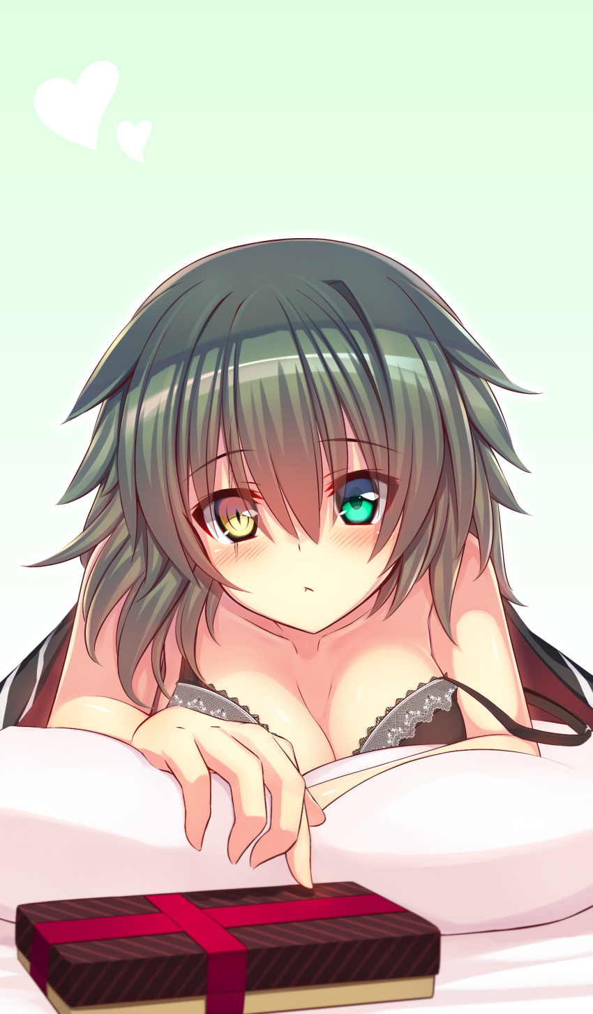 1girl absurdres bangs bare_shoulders black_bra blush box bra breasts cleavage closed_mouth collarbone commentary_request eyebrows_visible_through_hair gift gift_box gradient gradient_background green_background green_eyes green_hair hair_between_eyes heart heterochromia highres kantai_collection kiso_(kantai_collection) long_hair looking_at_viewer lying medium_breasts murasame_shia on_stomach pillow solo strap_slip underwear underwear_only valentine white_background yellow_eyes