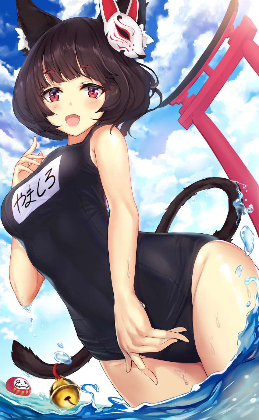 1girl absurdres animal_ears azur_lane bangs bare_arms bell black_hair black_swimsuit blue_sky blunt_bangs breasts cat_ears clouds cloudy_sky daruma_doll day dutch_angle eyebrows_visible_through_hair fang fox_mask highres jingle_bell looking_at_viewer mask medium_breasts ocean open_mouth outdoors pdxen red_eyes school_swimsuit short_eyebrows sky smile solo splashing summer swimsuit tail tail_bell torii wading water wet yamashiro_(azur_lane)