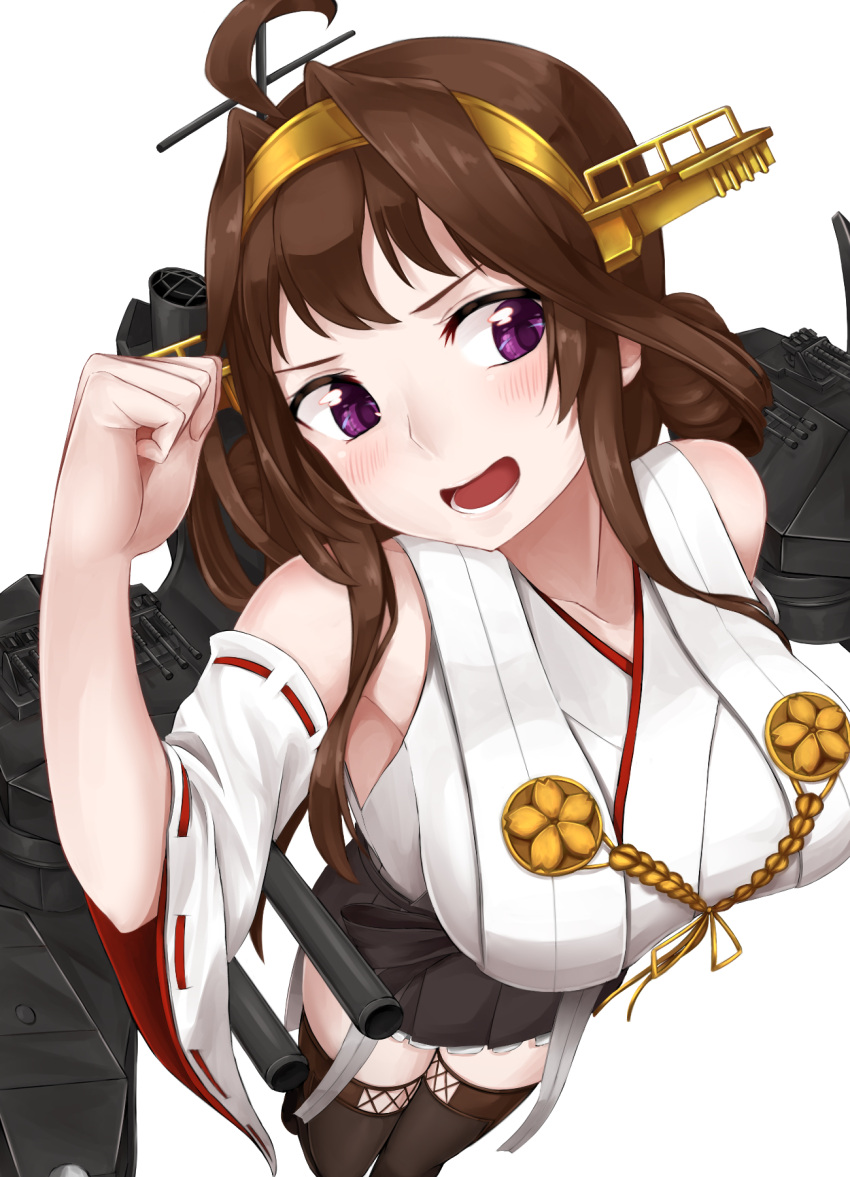 1girl aa_gun ahoge armpits black_skirt blush boots breasts brown_hair cannon collarbone detached_sleeves double_bun from_below hairband headgear highres hinacalibur japanese_clothes kantai_collection kongou_(kantai_collection) large_breasts long_hair mast nontraditional_miko open_mouth remodel_(kantai_collection) ribbon-trimmed_sleeves ribbon_trim skirt smile solo standing thigh-highs thigh_boots turret violet_eyes white_background