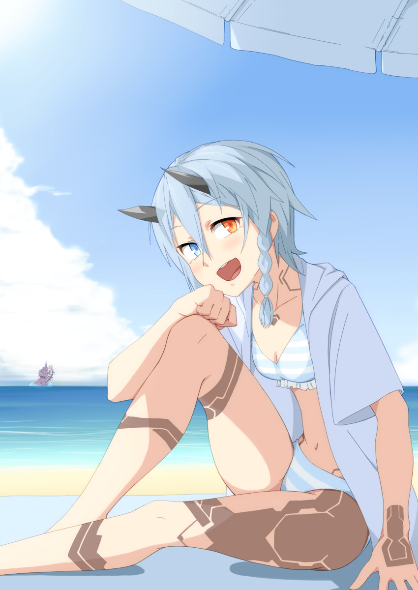 1girl :d absurdres bangs bikini blue_bikini blue_eyes blue_hair blue_sky blush breasts clouds commentary_request day eyebrows_visible_through_hair from_side hair_between_eyes heterochromia highres horns io_(pso2) knee_up looking_at_viewer looking_to_the_side navel open_mouth orange_eyes outdoors parasol phantasy_star phantasy_star_online phantasy_star_online_2 round_teeth shiver_(siva-hl) short_hair short_sleeves sidelocks sitting sky smile solo striped striped_bikini swimsuit teeth umbrella