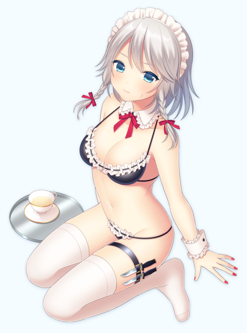 1girl bare_arms bare_shoulders bikini black_bikini blue_background blue_eyes braid breasts cleavage closed_mouth cup detached_collar full_body hair_ribbon highres holster izayoi_sakuya knife looking_at_viewer maid_headdress medium_breasts nail_polish navel no_shoes red_nails red_ribbon ribbon ribbon-trimmed_bikini ribbon_trim saucer silver_hair simple_background sitting skindentation solo sweatdrop swimsuit tea teacup thigh-highs thigh_holster touhou tray twin_braids white_legwear wrist_cuffs yamayu