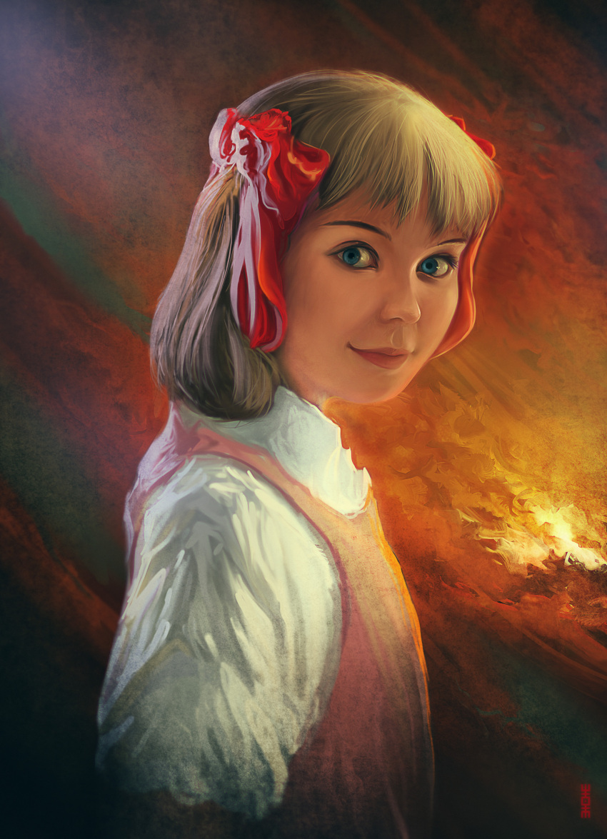 1girl abstract_background absurdres blonde_hair blue_eyes commission creepy hair_ribbon highres md5_mismatch peter_pan_no_bouken resized rhads ribbon safe smile upscaled wendy_darling