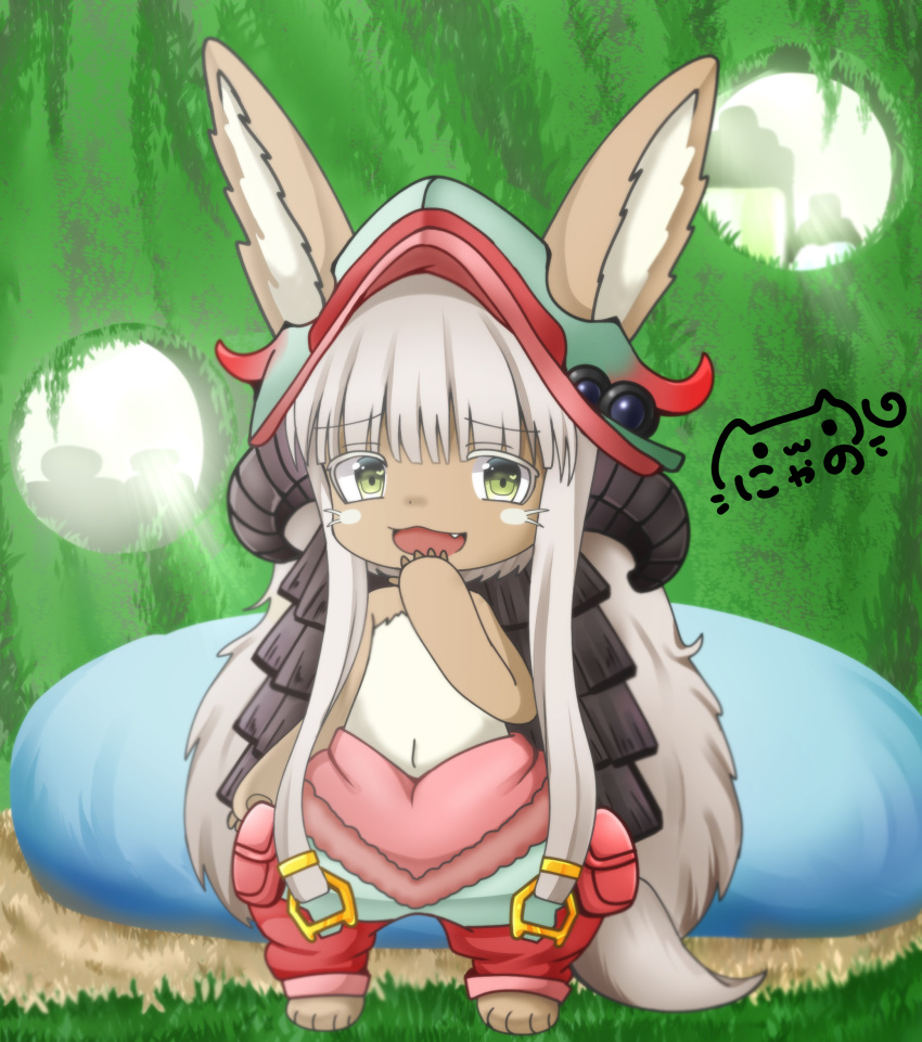 1girl :3 :d animal_ears bangs barefoot bed commentary_request day ears_through_headwear eyebrows_visible_through_hair fang full_body green_eyes hand_to_own_mouth hat highres horns indoors long_hair looking_at_viewer made_in_abyss nanachi_(made_in_abyss) navel nyano21 open_mouth pants paws puffy_pants signature silver_hair smile solo standing sunlight tail topless very_long_hair whiskers