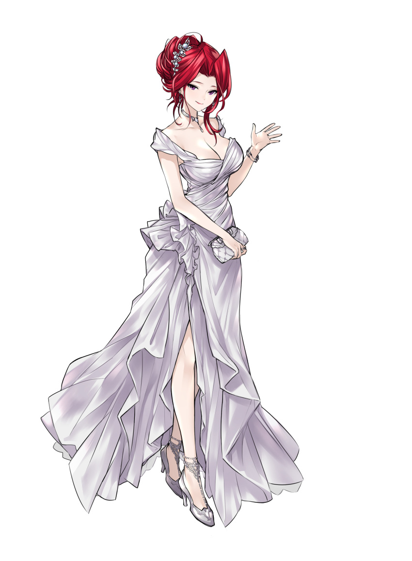 1girl absurdres bag bare_arms bracelet breasts cleavage closed_mouth commentary_request dress full_body hand_up handbag high_heels highres holding jewelry large_breasts looking_at_viewer maruchi redhead smile solo standing tied_hair transparent_background violet_eyes waving white_dress white_footwear