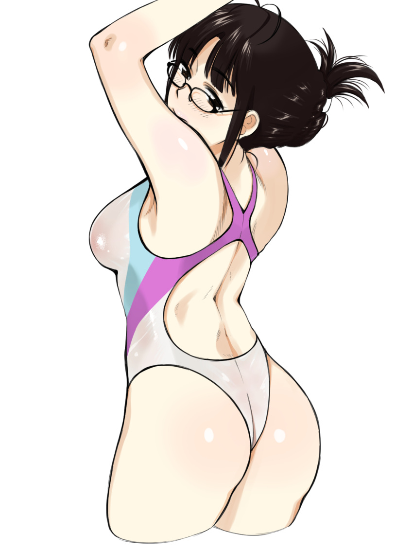 1girl akizuki_ritsuko antenna_hair armpits arms_up ass back back_cutout bangs bare_arms bare_shoulders black-framed_eyewear blunt_bangs blush breasts brown_eyes brown_hair closed_mouth competition_swimsuit cowboy_shot cropped_legs eyebrows_visible_through_hair folded_ponytail glasses highres humiyou idolmaster medium_breasts multicolored multicolored_clothes multicolored_swimsuit one-piece_swimsuit shiny shiny_clothes shiny_hair short_hair sidelocks simple_background smile solo standing swimsuit wet wet_clothes wet_swimsuit white_background