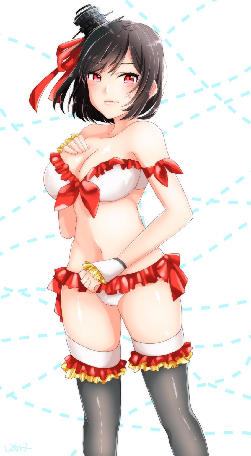 1girl bare_shoulders bikini black_hair black_legwear blush breasts cleavage commentary embarrassed fingerless_gloves frilled_bikini frilled_gloves frilled_legwear frills gloves hair_ornament hair_ribbon hand_on_own_chest highres kantai_collection large_breasts red_eyes ribbon shime short_hair solo strapless strapless_bikini sweatdrop swimsuit thigh-highs wavy_mouth yamashiro_(kantai_collection)
