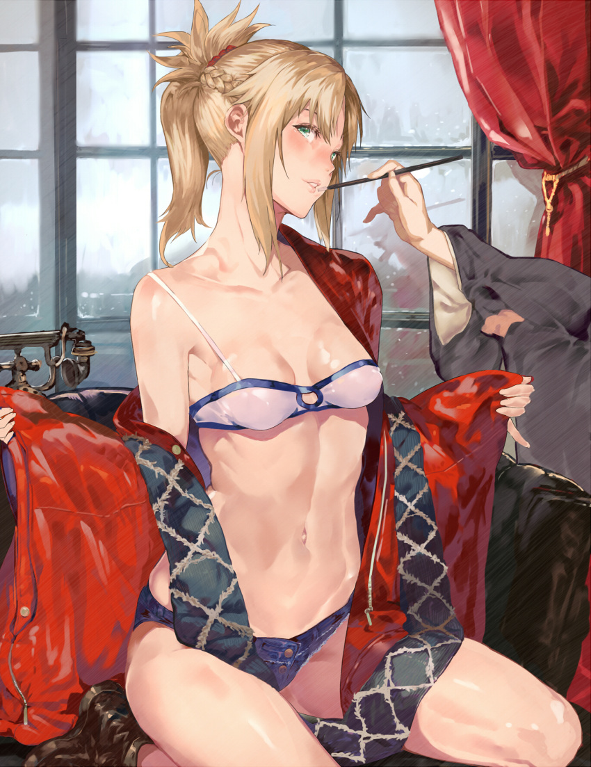 1girl applying_makeup bare_shoulders blonde_hair bra braid breasts breasts_apart brush collarbone curtains cutoffs denim denim_shorts fate/apocrypha fate_(series) french_braid green_eyes groin hair_ornament hair_scrunchie head_tilt highres indoors lips looking_at_viewer mordred_(fate) mordred_(fate)_(all) navel out_of_frame ponytail red_scrunchie robe scrunchie short_shorts shorts sitting small_breasts solo_focus tokopi underwear wariza window