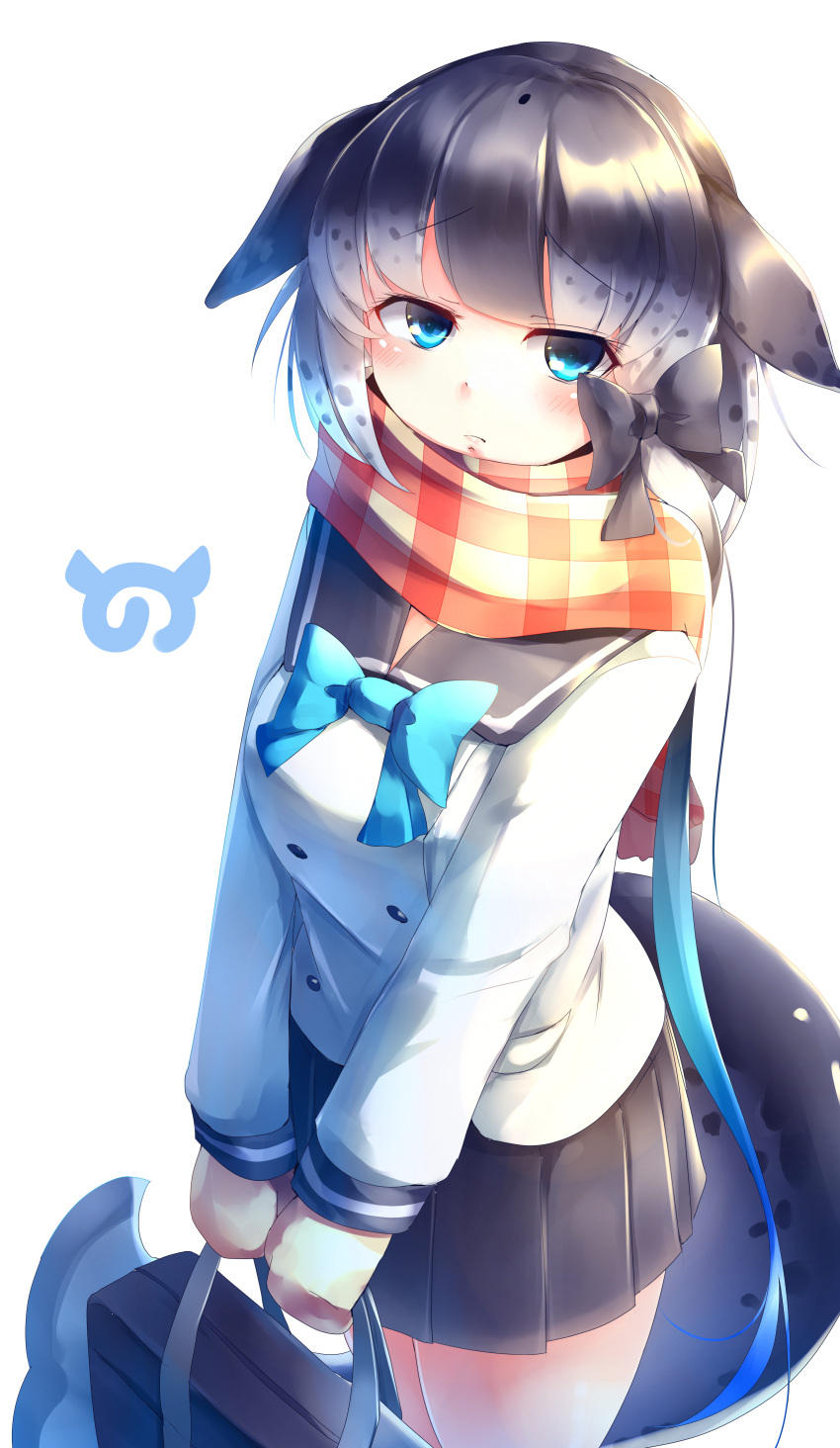 1girl absurdres adapted_costume bag black_bow black_skirt blue_eyes blue_hair blue_neckwear bow bowtie commentary_request grey_hair hair_bow highres japari_symbol kanzakietc kemono_friends looking_at_viewer multicolored_hair narwhal_(kemono_friends) narwhal_tail plaid plaid_scarf pleated_skirt scarf school_uniform serafuku simple_background skirt solo tail white_background