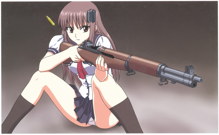 1girl aiming black_legwear black_sailor_collar black_skirt brown_eyes brown_hair bullet casing_ejection doi_shizuha gun highres holding holding_gun holding_weapon m1_garand neckerchief panties pantyshot pantyshot_(sitting) pleated_skirt red_neckwear rifle sailor_collar school_uniform shell_casing shirt sitting skirt socks solo stratos_4 underwear weapon white_panties white_shirt yamauchi_noriyasu