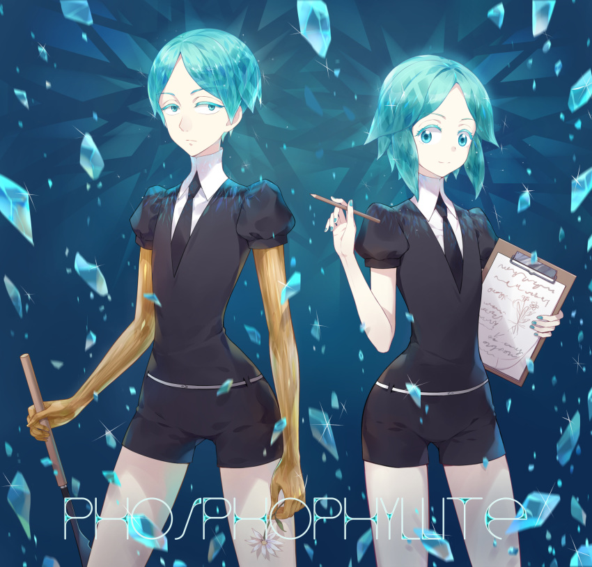 androgynous aqua_eyes aqua_hair blue_background character_name clipboard dual_persona flower gem gem_uniform_(houseki_no_kuni) golden_arms highres houseki_no_kuni looking_at_viewer necktie pencil phosphophyllite shiroki short_hair shorts smile sword uniform weapon